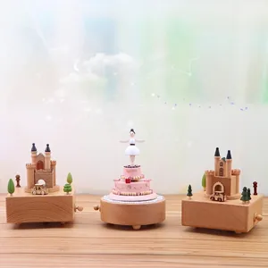 Handcrafted Wooden Music Box Wind-up Castle And Ballerina Cake Design Beech Wood Gift For Birthday Valentine's Day