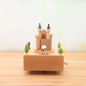 Castle-themed wooden music box featuring high-quality solid wood and a rotating base