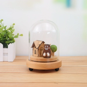 Creative wooden Castle in the Sky music box with glass dome and miniature bear
