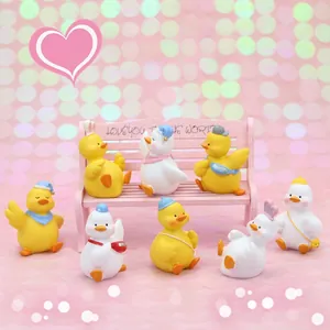Miniature duck figurine set with 8 cute ducks and pink bench for desktop or cake decor