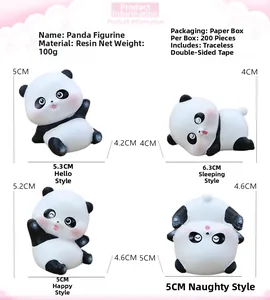 Detailed 3D view of four resin panda figurines with precise size and weight dimensions