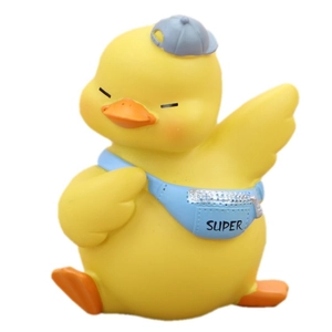 Cute yellow duck car ornament with blue super bag and grey hat for interior decor