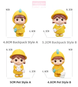 Detailed dimensions for cartoon girl figurines in yellow raincoats and small pets