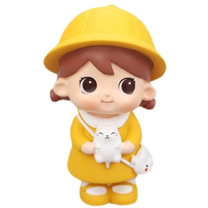Cute cartoon girl figurine in yellow dress holding a white cat for car and desk decor