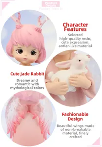Detailed view of pink angel doll figurine with resin wings and a white rabbit