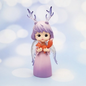 Purple dream angel girl ornament with deer horns and small fox on blue bokeh background