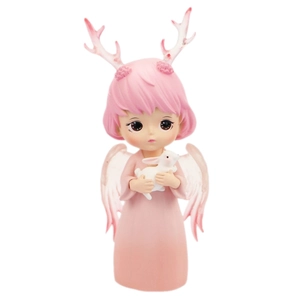 Pink dreamy angel girl figurine with deer horns and wings holding a rabbit ornament
