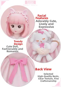 Detailed view of pink resin girl figurine showing cat ear headband and bunny accessory