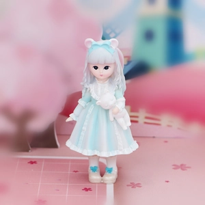 Cute girl figurine with blue princess dress and white bear for car and cake decor