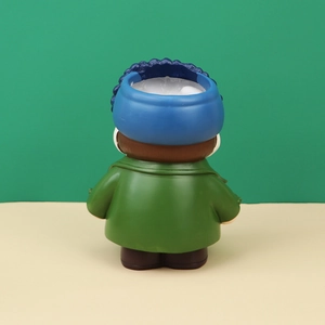 Back view detail of Nordic resin figurine storage bucket in elegant green coat