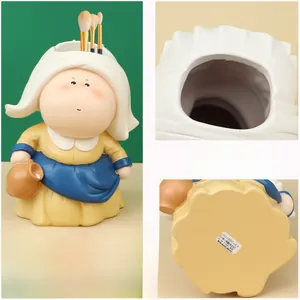 Close-up of artistic character resin storage bucket for makeup brushes and stationery