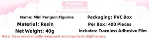 Detailed product specifications and size chart for the mini resin penguin desktop ornament