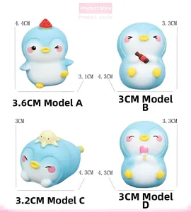 Detailed size chart for four cute mini penguin resin desk ornaments in blue and yellow