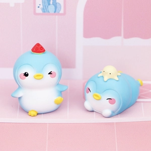 Cute blue penguin desk figurines set with watermelon and yellow critter accessories