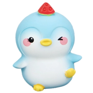 Cute blue penguin desk ornament with watermelon decor and winking face