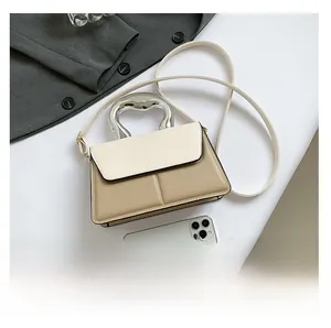 Minimalist color-block crossbody bag with curved silver metal handle and leather strap