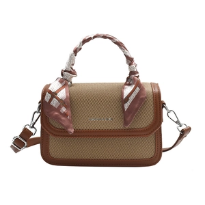 Retro contrast patchwork handbag with straw texture, silk scarf handle and leather strap