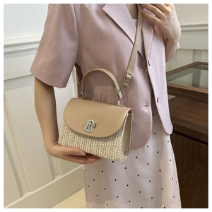 Straw patchwork crossbody bag for women with leather flap and silver twist lock