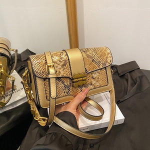 Vintage Snake Pattern Patchwork Crossbody Bag PU Leather Metal Chain Lock Small Square Shoulder Bag For Women
