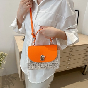 Orange leather flap and beige woven straw crossbody bag with silver lock for summer