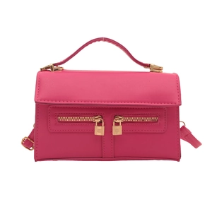 Magenta PU leather square handbag with dual gold zippers and decorative lock pendants
