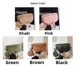 Detail of woven texture waist bags in five colors with round pouch and wide straps