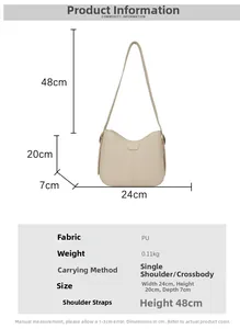 Detailed view of beige PU leather tote bag with product dimensions and strap height