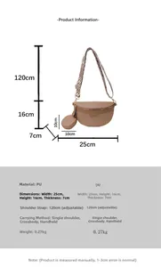 Detailed view of woven brown PU leather crescent bag with adjustable textile strap