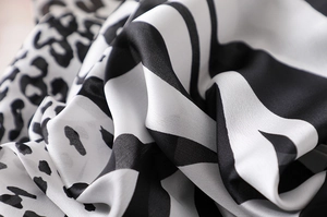 Detailed view of silk-like fabric featuring leopard prints and bold black-white stripes