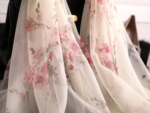 Detailed texture of light beige scarf with pink cherry blossoms and butterfly prints