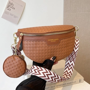 Women Woven Texture Chest Bag With Round Coin Purse Geometric Wide Strap PU Leather Crossbody Waist Bag Casual Fashion Fanny Pack