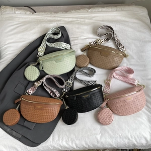 Fashionable woven crossbody chest bag with wide strap and round coin purse in five colors