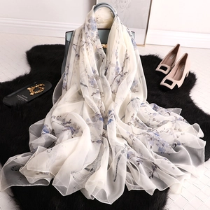Elegant long silk scarf with lavender floral and dragonfly print on beige background