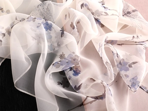 Macro shot of transparent silk scarf showing blue floral prints and dragonfly details