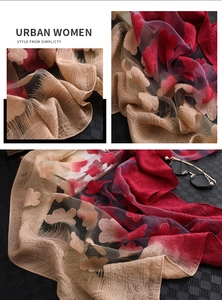 Détail d'une écharpe en soie dégradé rouge et or avec broderie florale 3D et franges