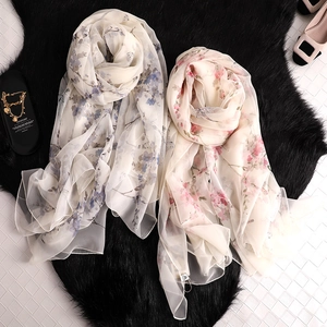 Elegant floral chiffon long scarf for women, lightweight summer sunscreen shawl in two colors