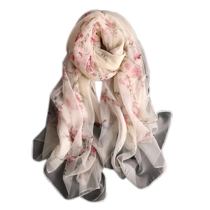 Elegant floral print sun protection silk scarf for women, lightweight summer beach shawl