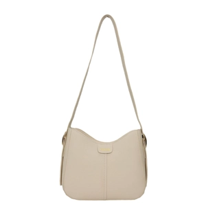 Minimalist beige leather saddle shoulder bag with gold logo and vertical stitching