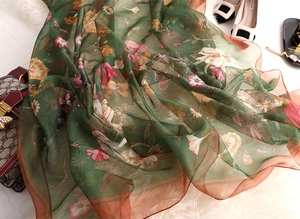 Macro detail of dark green vintage floral silk scarf with lifelike flower and insect print