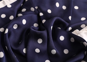 Détail d'un foulard en soie bleu marine à pois blancs montrant une texture satinée