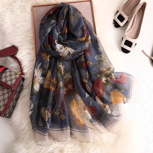 Vintage Floral Scarf Long Sheer Yourou Yarn Shawl Butterfly Dragonfly Print Sun Protection Beach Wrap For Women