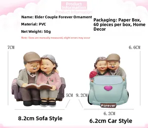 Detailed views of grandfather and grandmother cake toppers in car and sofa styles