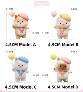 Detailed size chart of cute animal cake toppers including Shiba Inu and Pig figurines