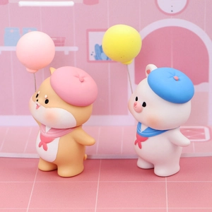 Cute shiba inu and bear resin figurines with colorful balloons for cake decoration