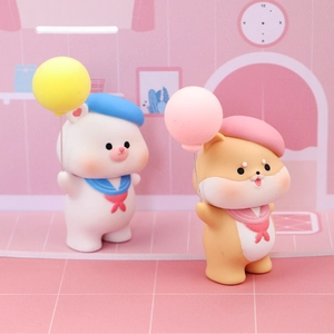Macro shot of cute cartoon animal figurines in sailor outfits with colorful balloons