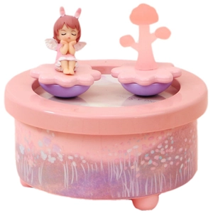 Dreamy pink music box featuring a cute winged girl and floral gradient cylinder base