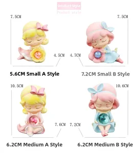 Detailed size comparison of cute resin girl figurines with bow accessories and pearl decor