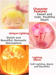 Detail of cute cartoon girl night light with glowing lotus crystal ball and warm lighting