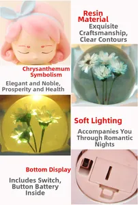 Detail view of resin night light showing floral orb and bottom button battery switch