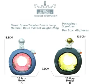 Detailed technical specifications of astronaut night light showing dimensions and resin material